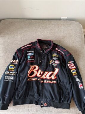 Budweiser Black Racing Patch Bomber Jacket with Red Trim